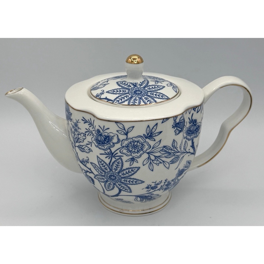 Grace Teaware Blue Vine White Floral Teapot Fine Porcelain EUC